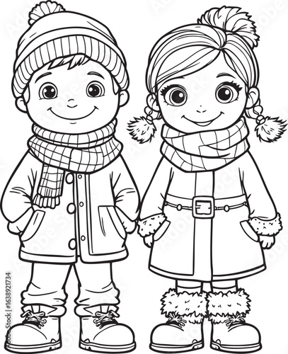 Two adorable children, boy and girl, are dressed warmly in winter clothing, including hats, scarves, coats, and boots.