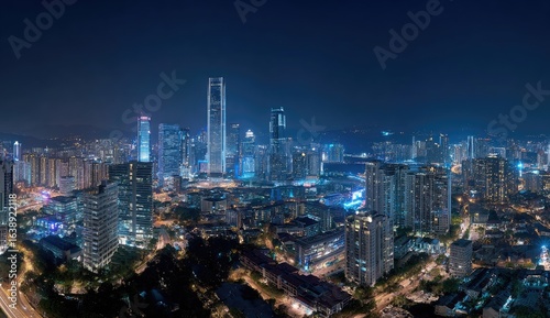 Wallpaper Mural Night cityscape panorama vibrant skyline, illuminated buildings, city lights, harbor view, urban development Torontodigital.ca