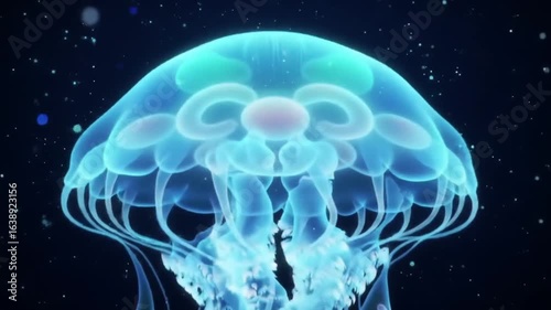 Hyper-detailed translucent jellyfish pulsating gently in a deep navy blue void, glowing softly with an ethereal atmosphere. Perfect for marine, science, and dreamy abstract backgrounds.