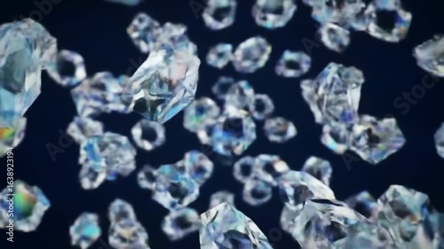 Realistic shimmering crystal shards slowly rotating in a dark airy background, refracting rainbow light beams. Dreamy and elegant atmosphere, ideal for luxury, jewelry, and abstract designs.