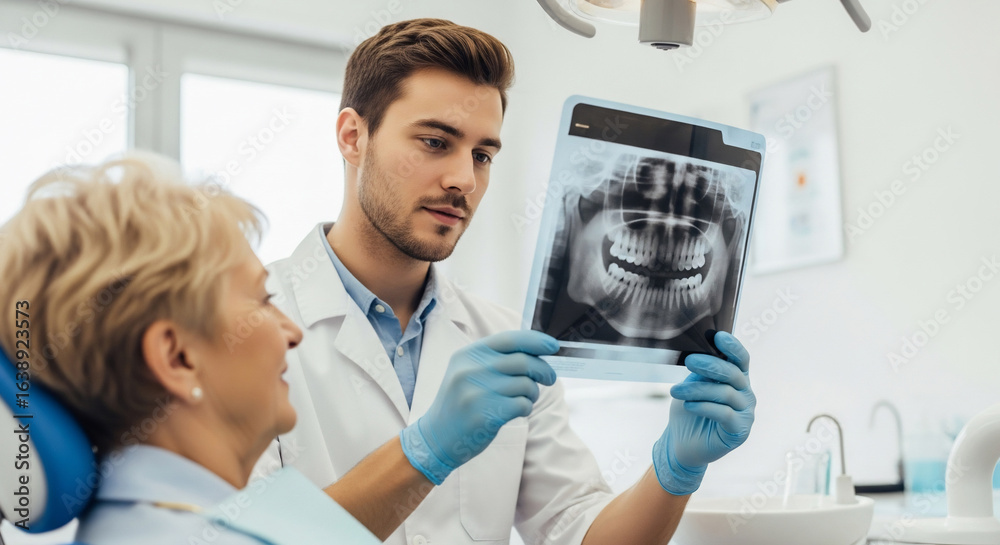 Fototapeta premium Dentist Explaining Dental X-ray to Patient in Modern Clinic