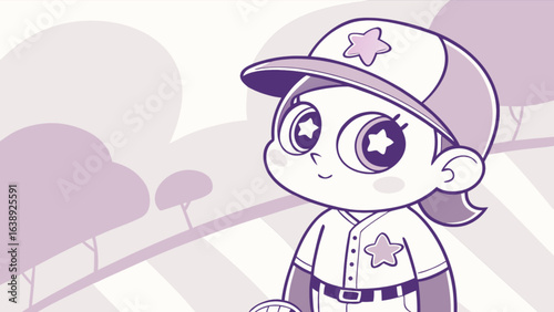 Cute cartoon baseball player girl with star eyes and baseball cap vector art illustration design