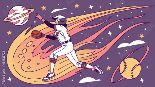 Softball player throwing ball in space with planets and stars vector illustration design artwork graphic