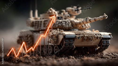 Military Tank with Upward Arrow Chart | Global Rise in Defense Spending Concept