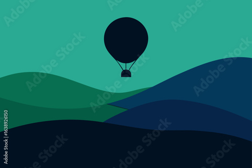 Hot air balloon over rolling hills scene