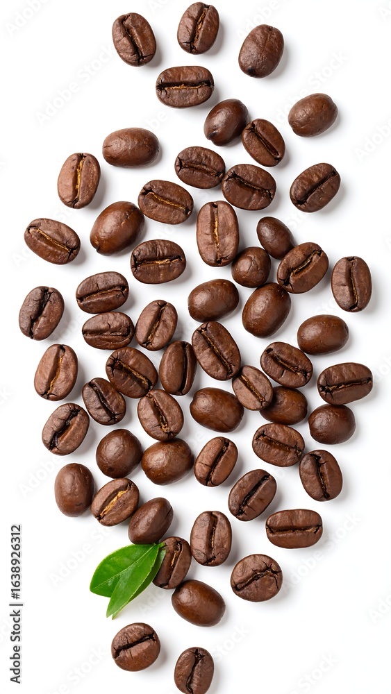 Obraz premium Roasted coffee beans scattered on white background, a single green leaf rests near the bottom