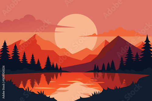 Landscape view of mountains and lake sunset