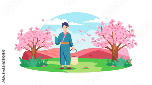 Japanese man in kimono enjoying cherry blossom season in spring scenic landscape illustration vector design