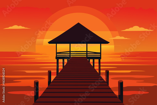 Sunset view with dock and hut silhouette