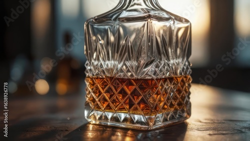 Crystal Decanter of Amber Liquor: Dramatic Lighting, Close-Up, Luxurious Feel.