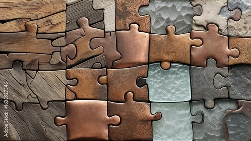 Connecting Diverse Textures: A Jigsaw of Wood, Copper, Stone, and Glass Pieces