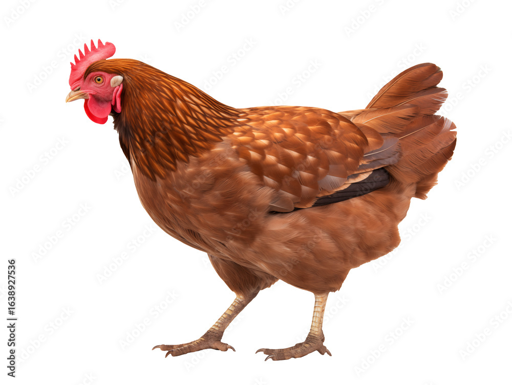 Fototapeta premium Brown feathered hen with red comb, a classic farm animal, perfect for illustrating poultry farming or healthy eating on transparent background