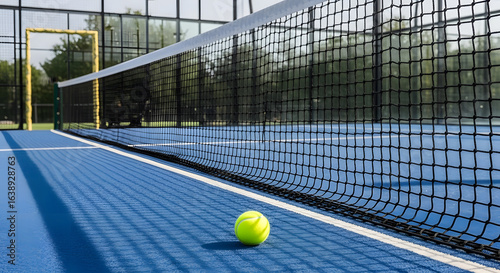 Yellow ball on floor behind paddle net in blue court outdoors. Padel tennis
