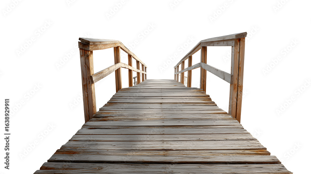 Fototapeta premium A wooden boardwalk ramp leading up to a beach house entrance, isolated on a Transparent background