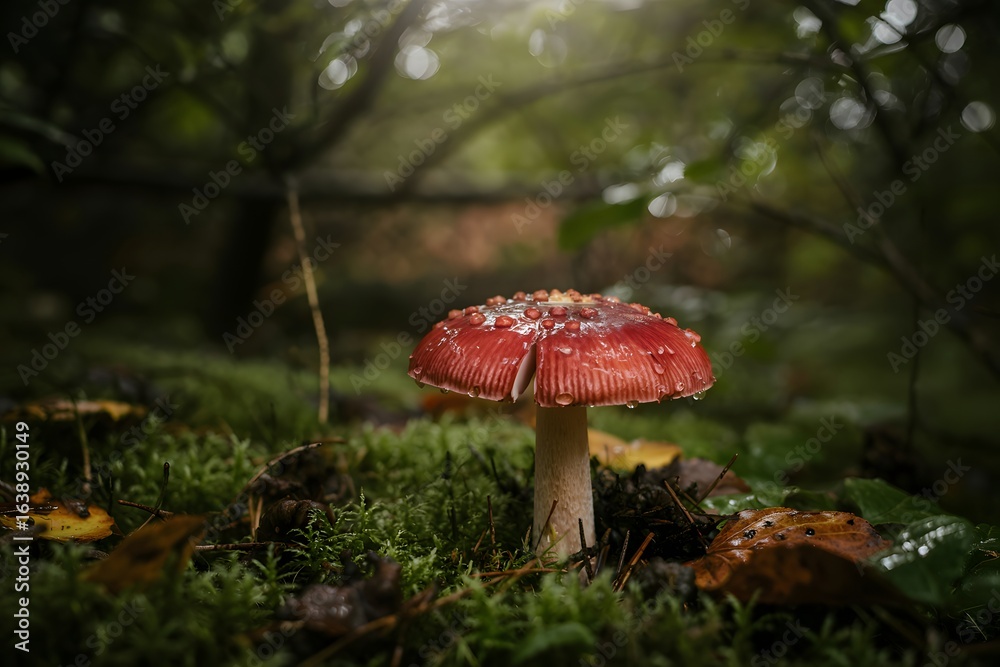 Vibrant red mushroom with white spots grows in lush green mossy forest Vibrant red mushroom with white spots grows in lush green mossy forest