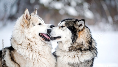 Two Alaskan Malamutes in snowy forest