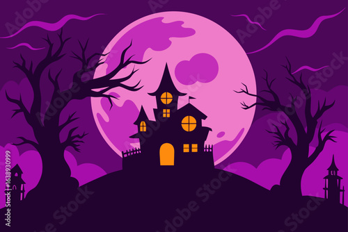 Haunted house under a full moon scenery