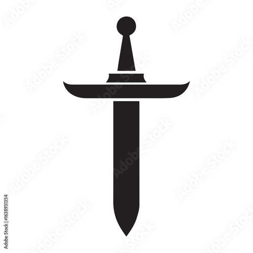 Illustration of a simple black sword with a round pommel and a wide crossguard on a white background