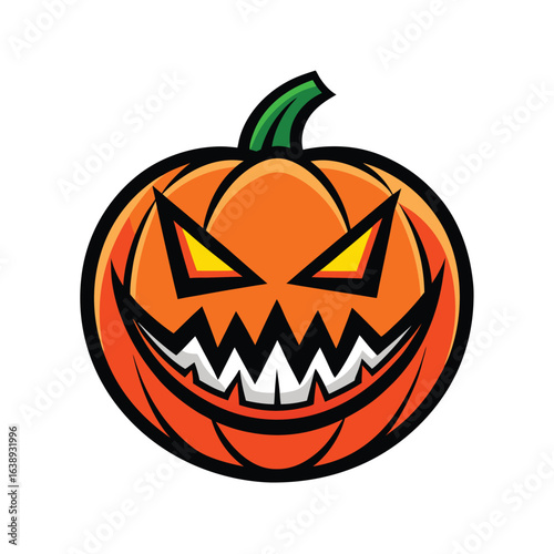 Spooky carved pumpkin face with sharp teeth and glowing eyes halloween jack o lantern