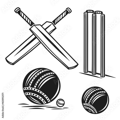 Cricket game icons for a website. Two cricket bats, balls, and wickets are pictured in black and white. Illustrative content.

Black and White Cricket Icons: Bats, Balls, and Wickets Illustration.