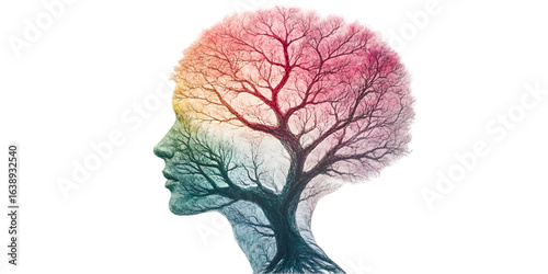 Stylized Tree Growing from Human Mind with Roots Isolated on Transparent Background
