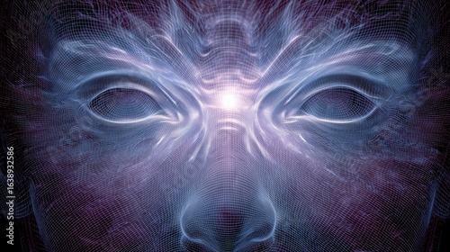 Third Eye Opening in Glowing Face, Releasing Vibrant Psychic Energy Ripples that Bend Time & Space. Fluid Wave Patterns for Spiritual, Mystical, and Abstract Art