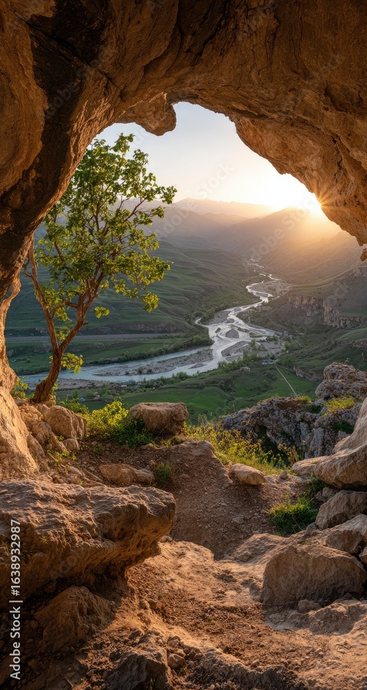 Fototapeta premium Mountain cave sunset view River valley landscape, travel poster