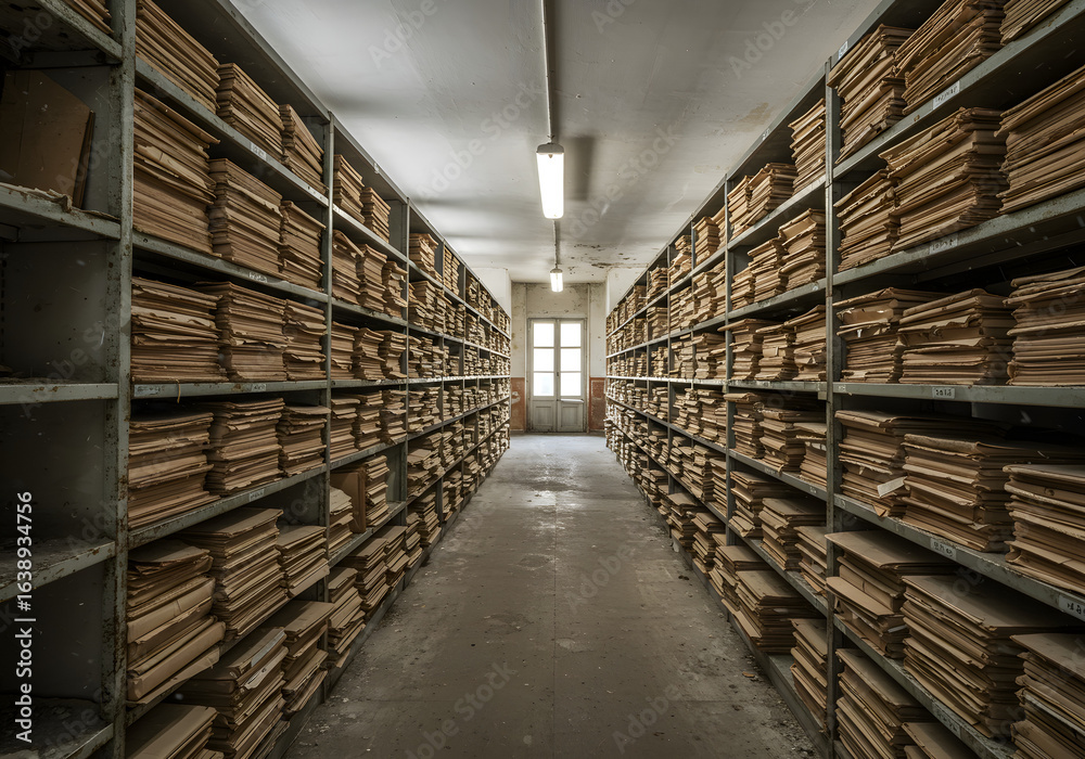 Obraz premium Historic Archive Room Vintage Documents, Shelves, Rows, Abandoned Library, Decay, Old Papers, Interior, Archives, Knowledge.