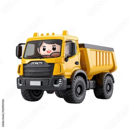 Toy Construction Dump Truck Yellow with Cartoon Driver in Transparent Background