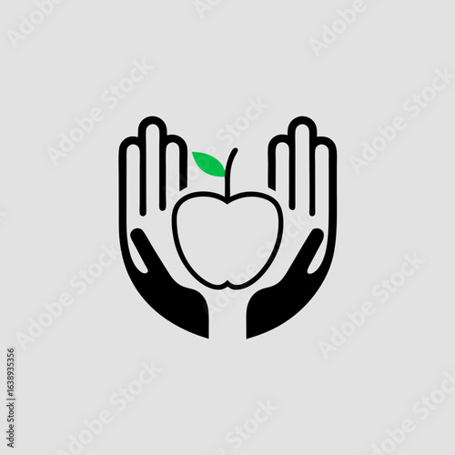 Two stylized hands holding an apple icon with green leaf — organic fruit logo symbol for healthy lifestyle, care and protection concept