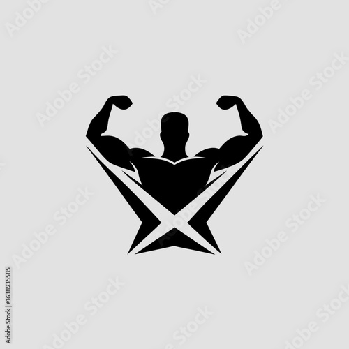 Black silhouette of a strong athlete showing muscle in bodybuilding fitness gym workout training with X shape symbol of power and strength.