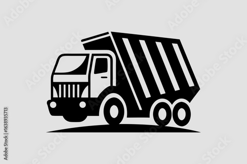 Black silhouette of a sanitation vehicle garbage truck  with waste container and diagonal hazard stripes on a white background, 