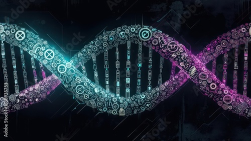 Abstract DNA Helix with Mechanical Elements, Glowing Blue and Purple, Dark Background.