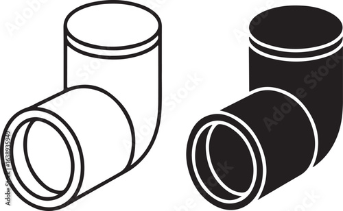 Vector Elbow Pipe Fitting: Black and White Icon Set, Plumbing Sign Symbol