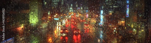 City street scene at night through a rain-streaked window.