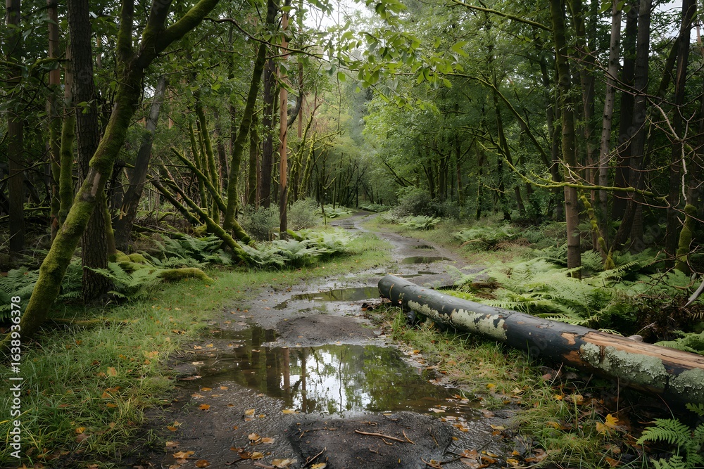 Fototapeta premium Tranquil forest path with fallen log and mossy ground