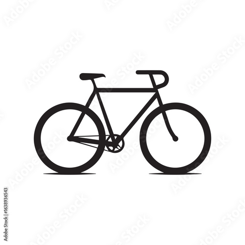 A simple black silhouette of a bicycle with curved handlebars and a visible chainring on white background