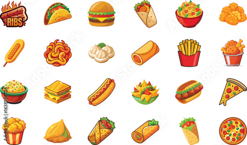 Colorful Cartoon Fast Food Icons Collection Featuring Burgers, Pizza, Tacos, Wraps, Fries, Snacks, and Street Food Items on White Background