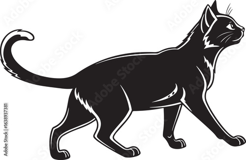 Black cat walking left to right with white outline