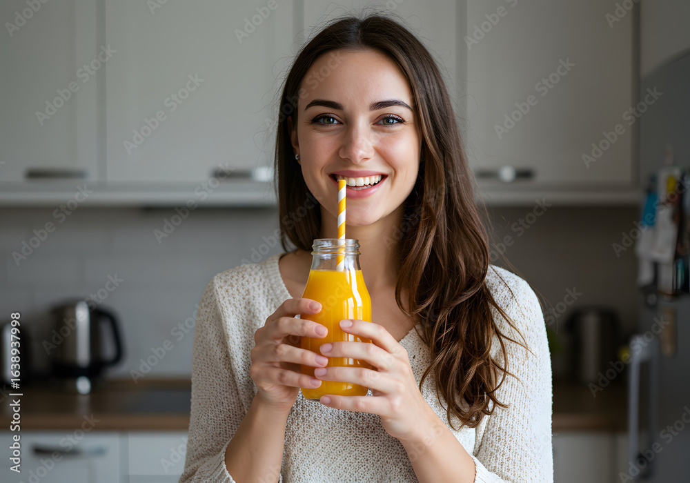 Happy Woman Drinking Fresh Juice in Kitchen Healthy Lifestyle, Smiling, Enjoying Drink. Happy Woman Drinking Fresh Juice in Kitchen Healthy Lifestyle, Smiling, Enjoying Drink.