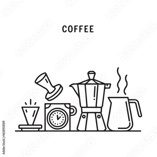 Simple Line Drawing of Various Coffee Makers and Brewing Equipment with the Word COFFEE Above