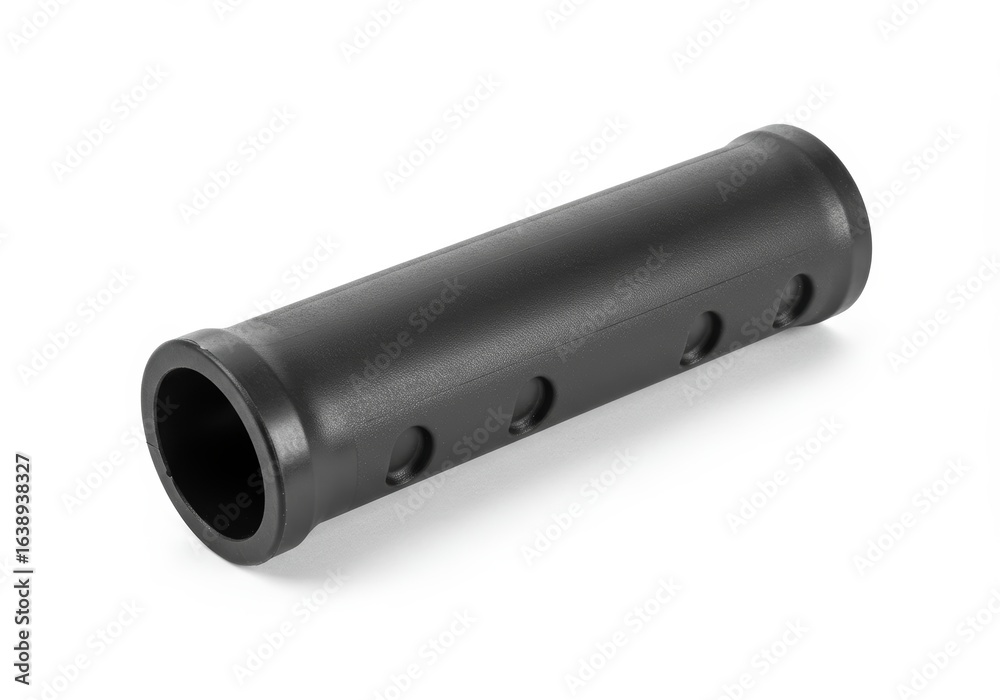 Sleek Black Plastic Cylinder with Vents on White Surface, Modern Industrial Component Sleek Black Plastic Cylinder with Vents on White Surface, Modern Industrial Component