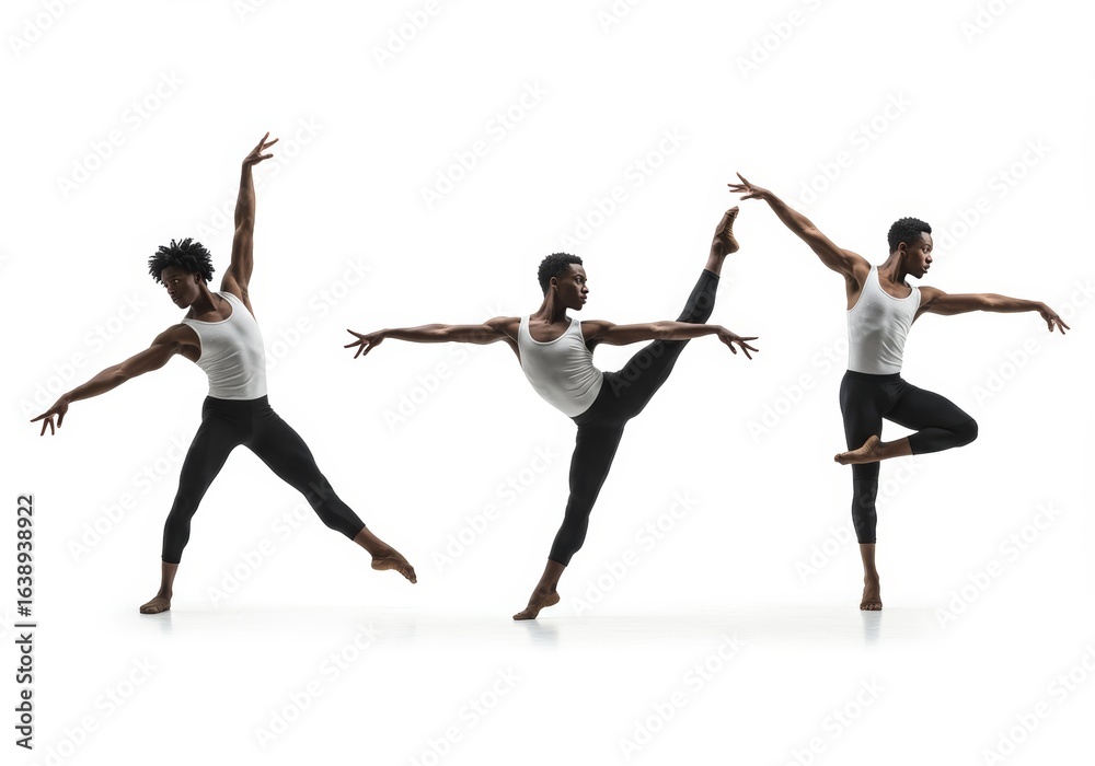 Fototapeta premium A sequence of a skilled male dancer in various balanced positions against white