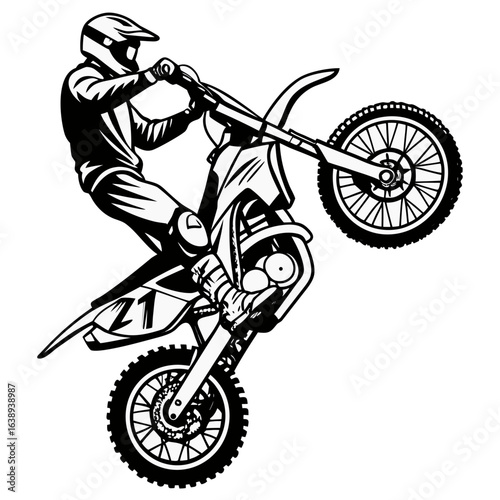 Freestyle motocross athlete performing a wheelie trick on a dirt bike
