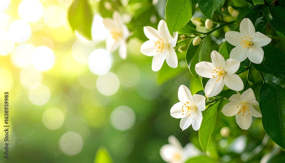 Obraz premium Sunlit white blossoms and green leaves, bokeh background
