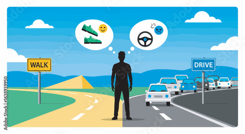 Man deciding between walking and driving, visualizing the pros and cons of each mode of transport.