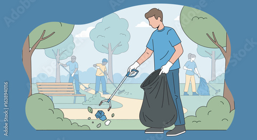 Volunteers cleaning up a park, collecting trash with grabbers and bags.