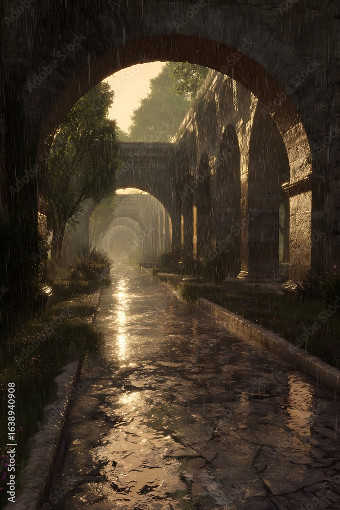 Fototapeta premium A stone walkway under arched structures on a rainy day.