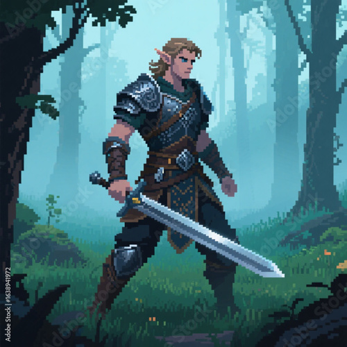 pixel art portrait of a young elf with sword