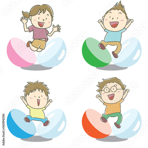 カプセルから勢いよく飛び出す子どもたちのイラスト
